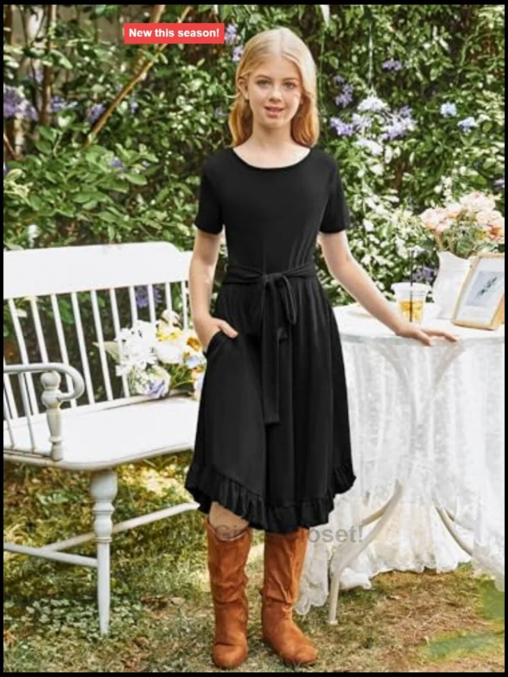 Girls Short Sleeve Swing Dress with Pockets and Belt